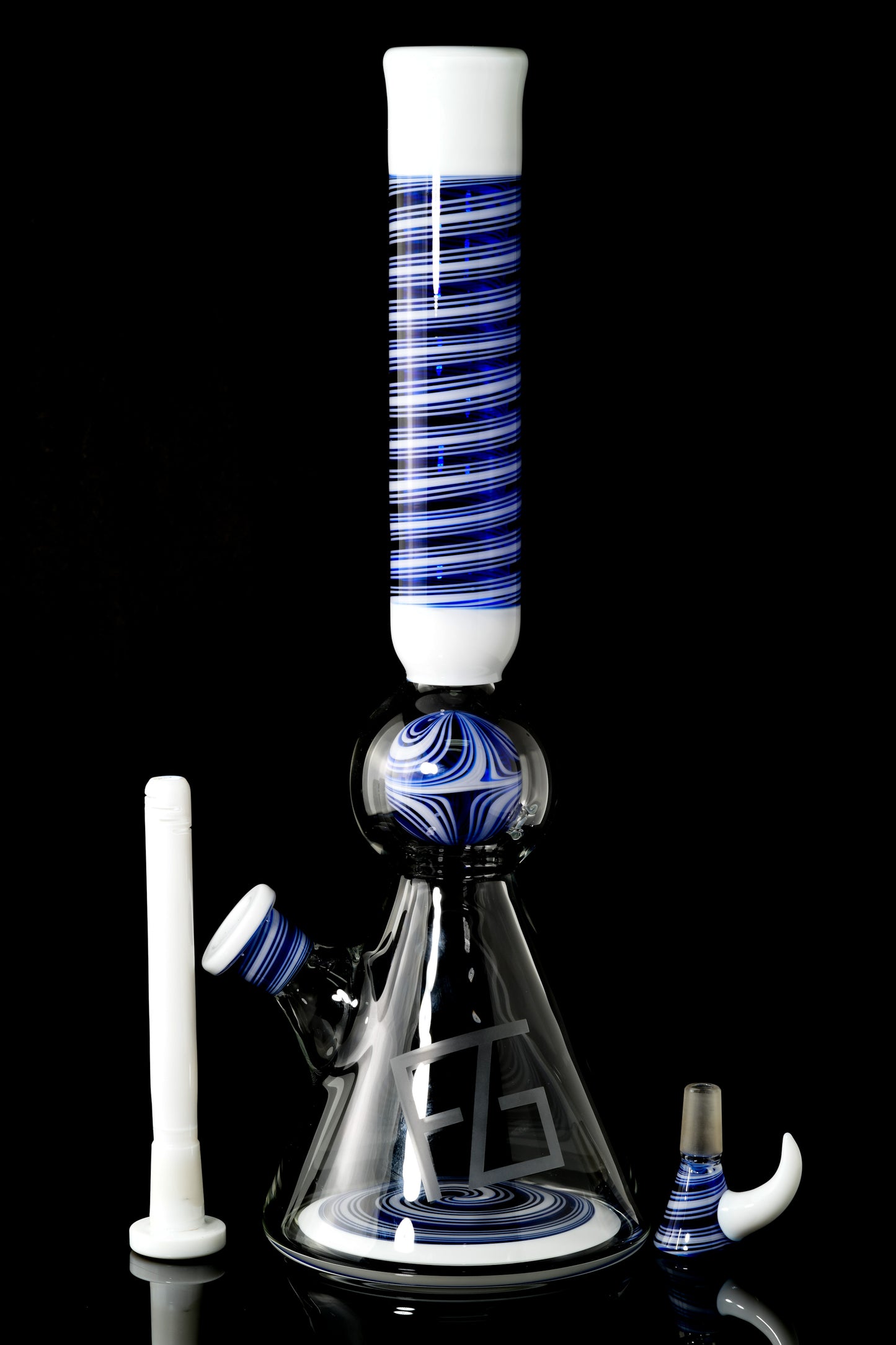 Full Zirkl Glass - Blue & White Line Worked Ball Beaker
