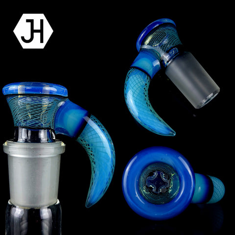 J Honey Glass - 18mm Retti 4 Hole Slide W/ Horn - Opaque Aqua Reticello W/ Marina Accents