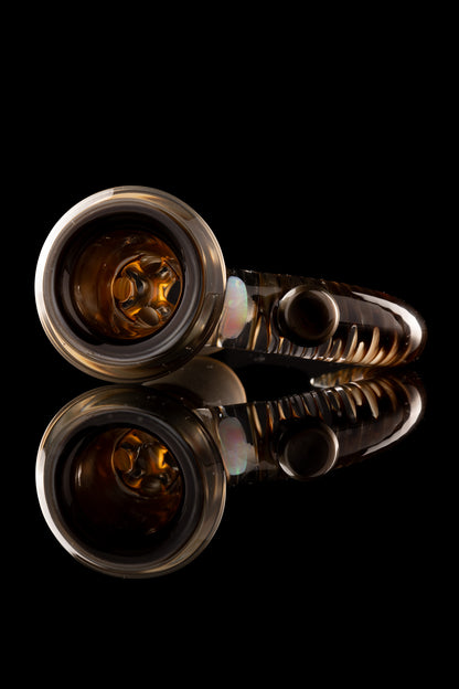 Jamms Glass - 18mm 4 Hole Fully Worked Slide - Electrum w/ opal and cane