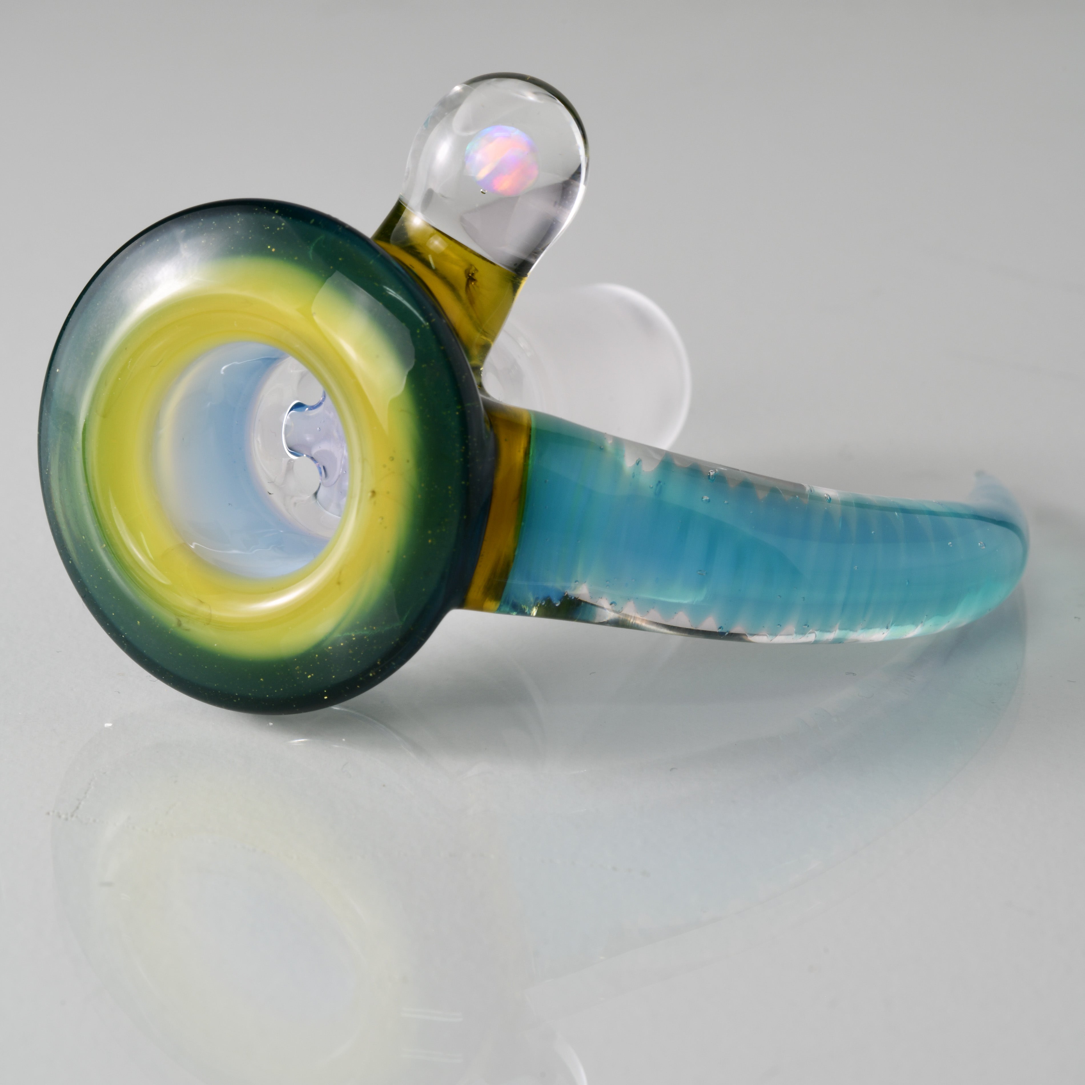 Apix Designs - 18mm 4 Hole Blue Stardust Over Ghost & Citrine (UV) Lip W/ Meta Horn & 5mm Encased Opal