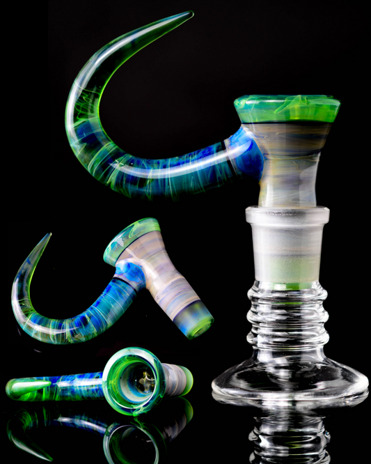 Thill Glassworks - 18mm 4 Hole Full Work 2 Tone - Blue Amber Purple W/ Argent Green Handle & Accents