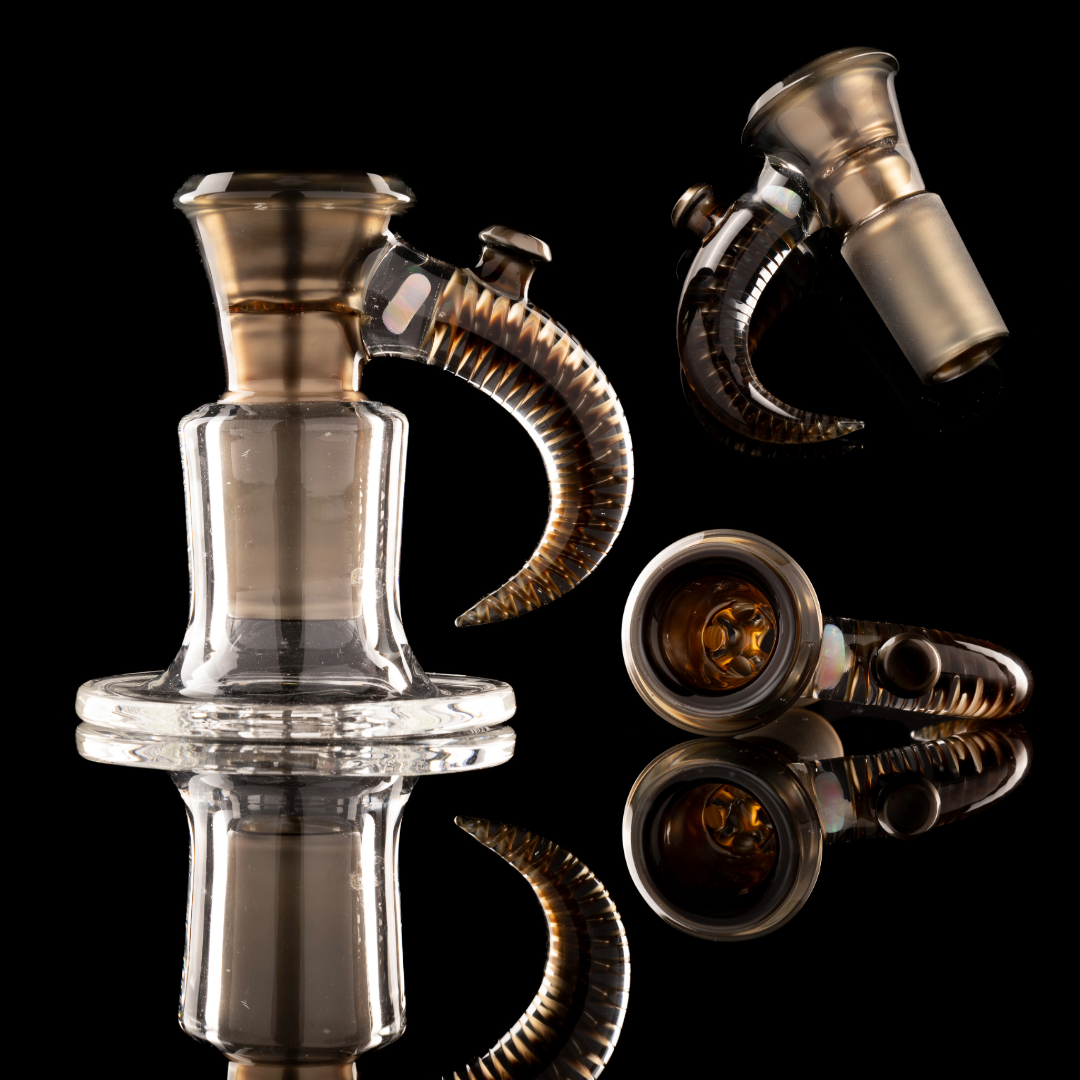 Jamms Glass - 18mm 4 Hole Fully Worked Slide - Electrum w/ opal and cane