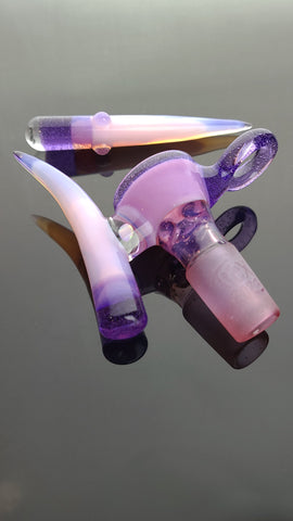 T-Rex Glass -18mm 4 Hole Blossom Purple Lollipop/Pink Slyme W/ Pink Cadillac/Pink Opal Loop & Poker Slide